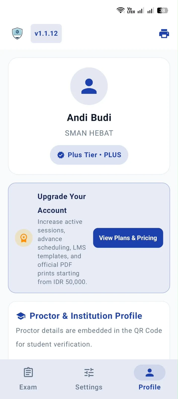 Tangkapan layar menu Profil pengawas di MyExam Proctor